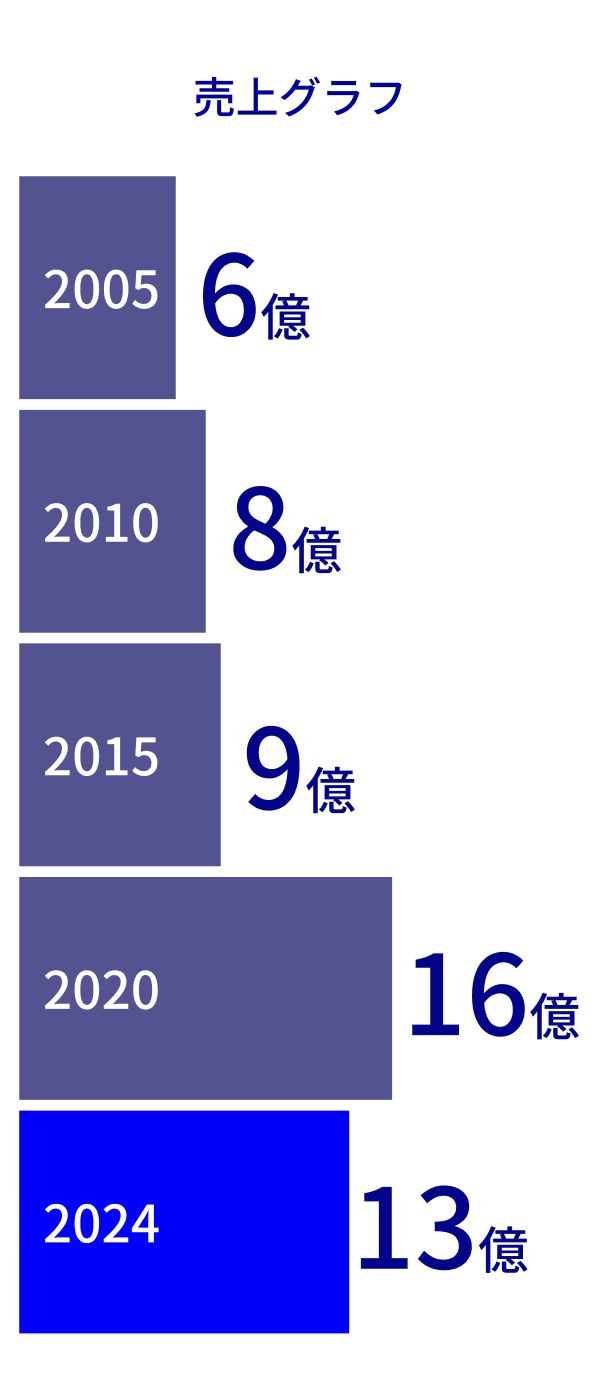 売上グラフ 2005年6億、2010年8億、2015年9億、2020年16億、2024年13億